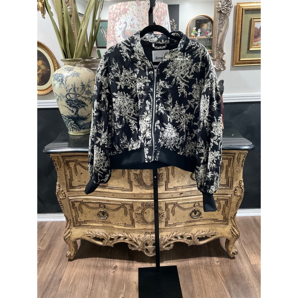 &merci Floral Bomber Jacket Black White Zip Up Ribbed Trim MJK3216 Womens Large